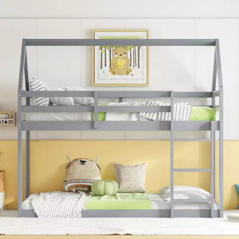 MAYEERTY Twin Rubber Wood Floor BUnk Bed with Ladder, Guardrails, House Shaped Bunk Bed White