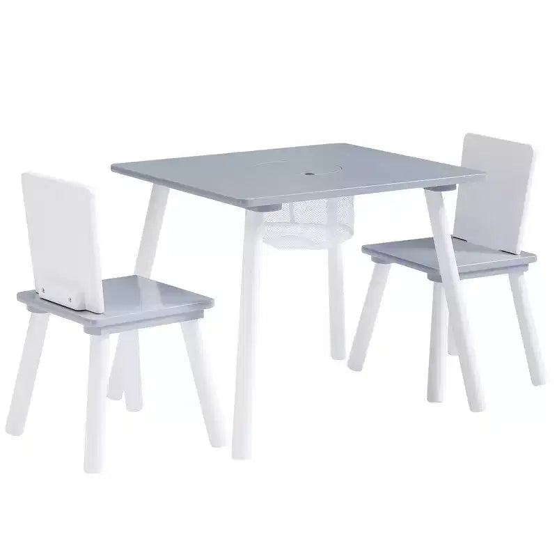 Tavolo Attività per Bambini e Set 2 Sedie con Rete Portaoggetti Nascosta, Bianco e Grigio