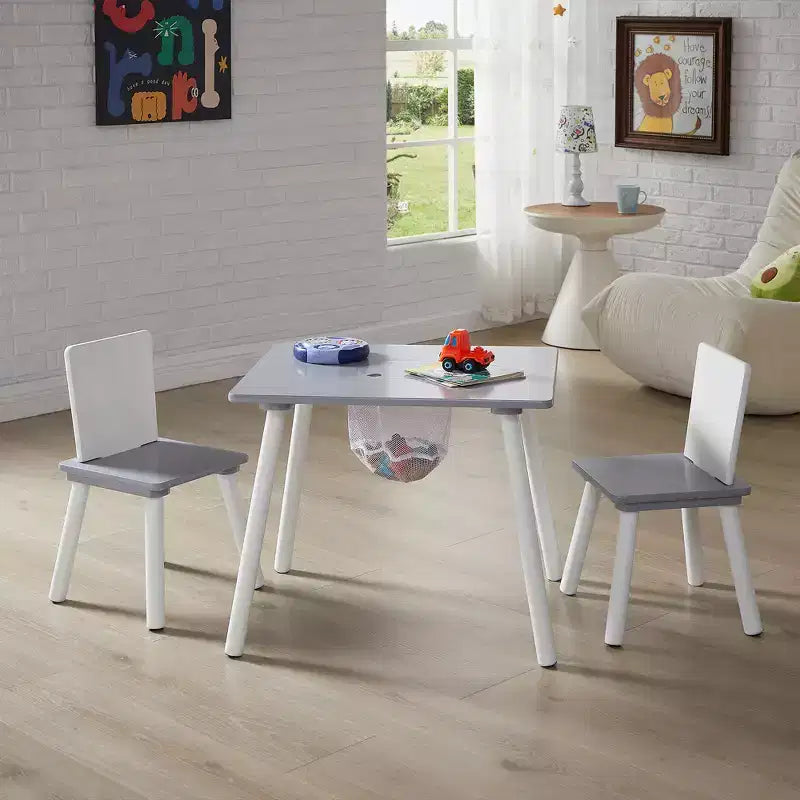 Tavolo Attività per Bambini e Set 2 Sedie con Rete Portaoggetti Nascosta, Bianco e Grigio