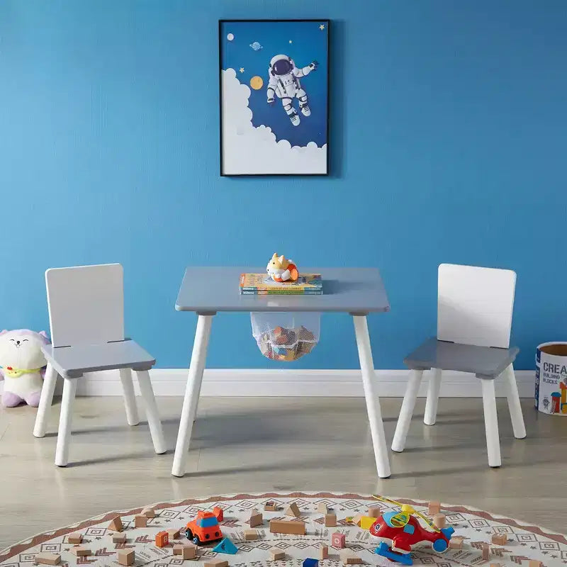 Tavolo Attività per Bambini e Set 2 Sedie con Rete Portaoggetti Nascosta, Bianco e Grigio