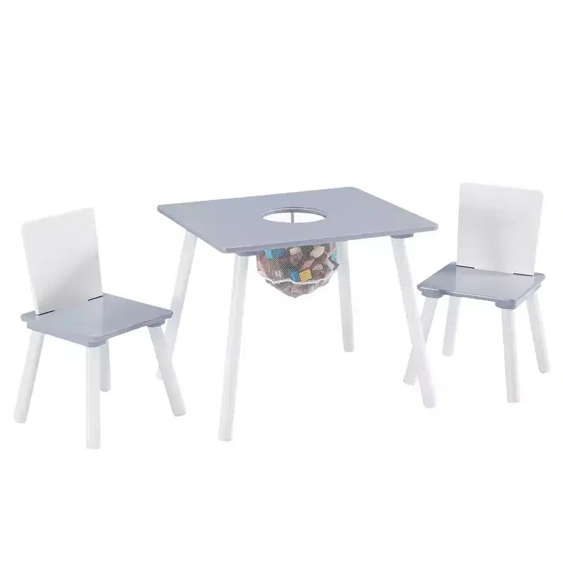 Tavolo Attività per Bambini e Set 2 Sedie con Rete Portaoggetti Nascosta, Bianco e Grigio