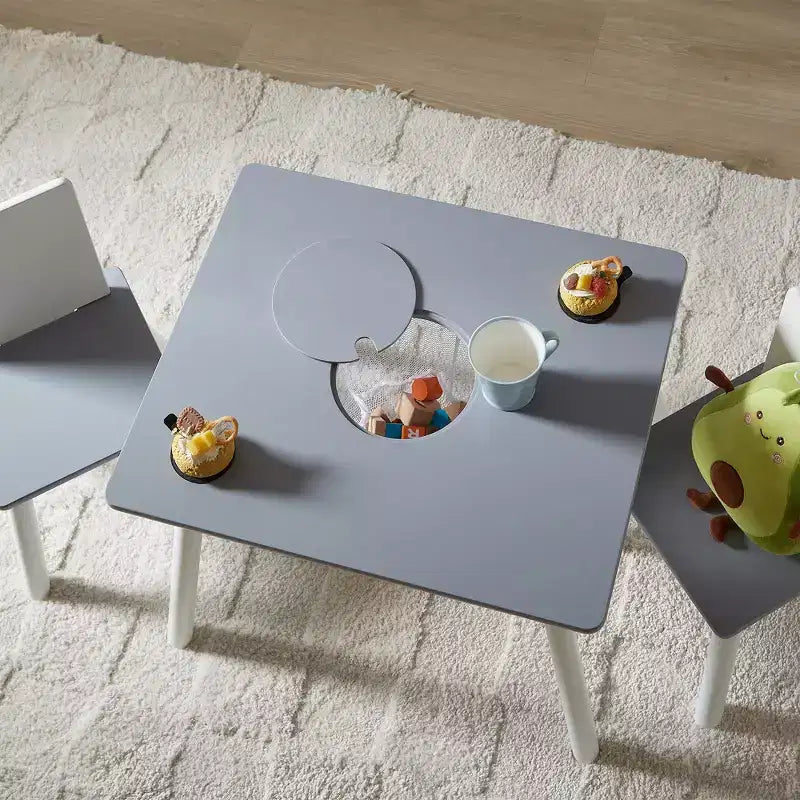 Tavolo Attività per Bambini e Set 2 Sedie con Rete Portaoggetti Nascosta, Bianco e Grigio