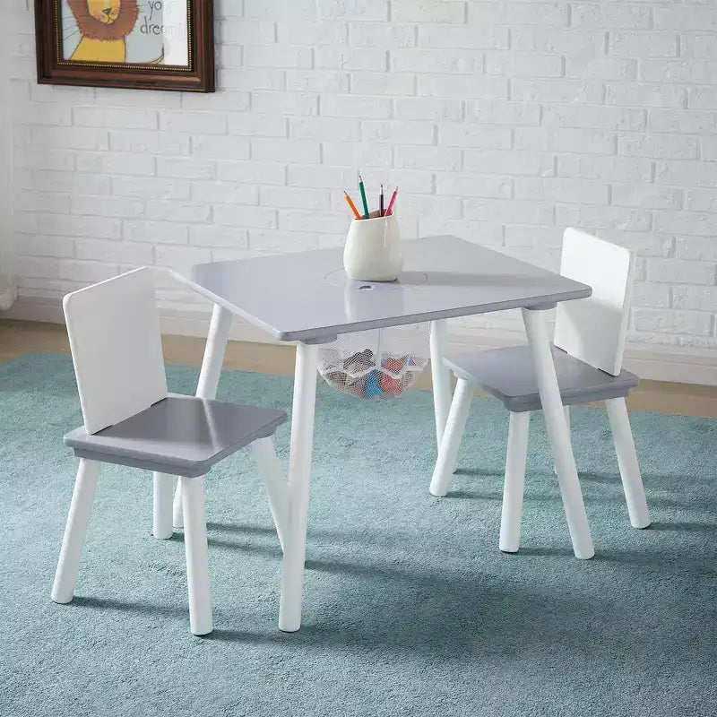 Tavolo Attività per Bambini e Set 2 Sedie con Rete Portaoggetti Nascosta, Bianco e Grigio