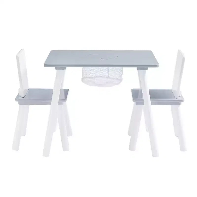 Tavolo Attività per Bambini e Set 2 Sedie con Rete Portaoggetti Nascosta, Bianco e Grigio