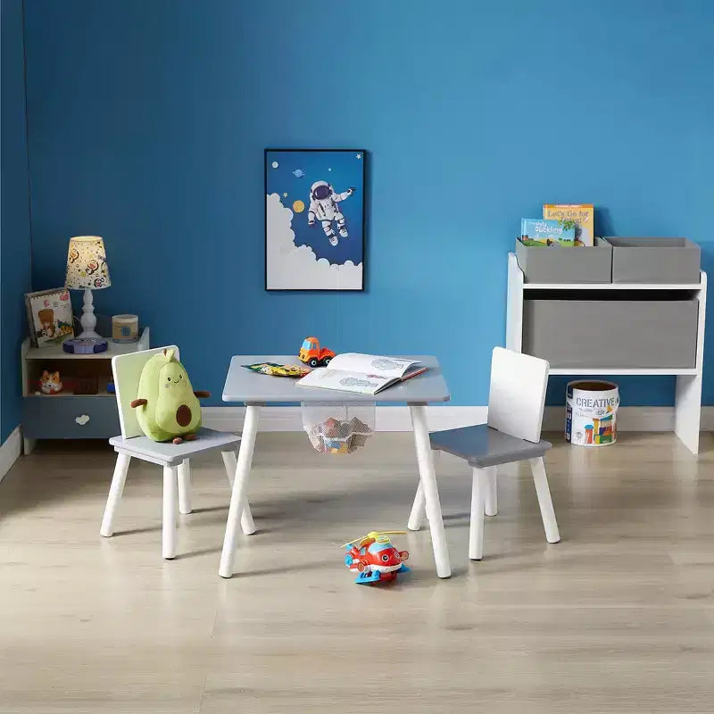 Tavolo Attività per Bambini e Set 2 Sedie con Rete Portaoggetti Nascosta, Bianco e Grigio