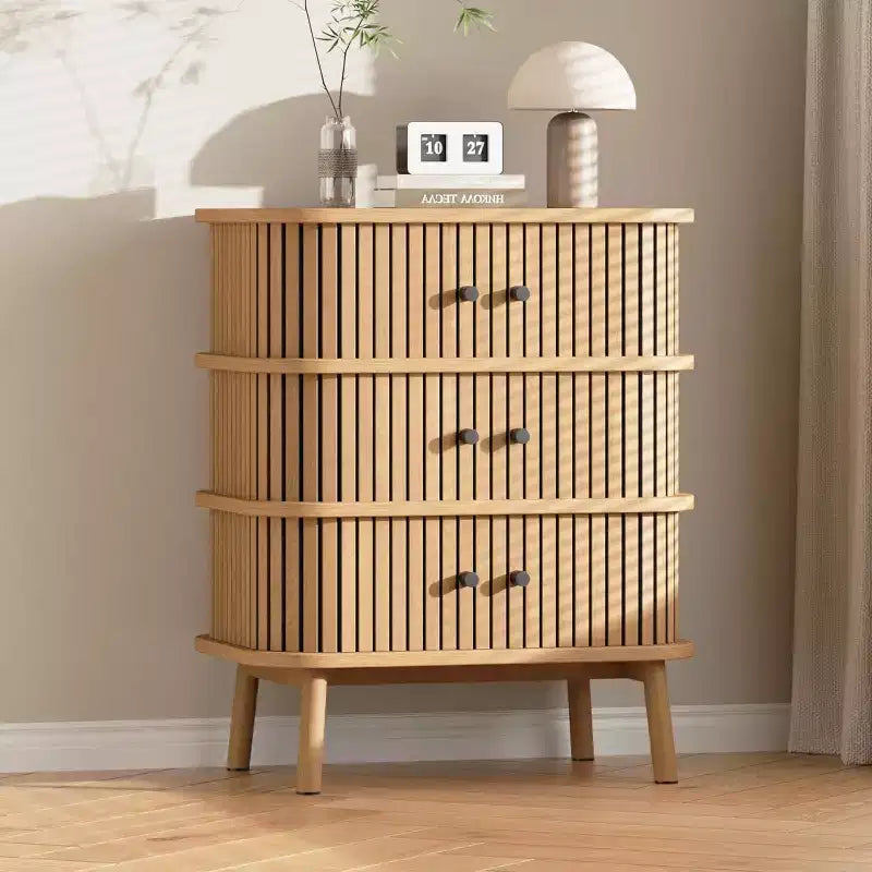 3 Drawer Dresser, Chest of Drawers for Bedroom, Mid Century Modern Nightstand, Spacious Storage Wicker Dresser with Matte Black Handles and Wood Legs