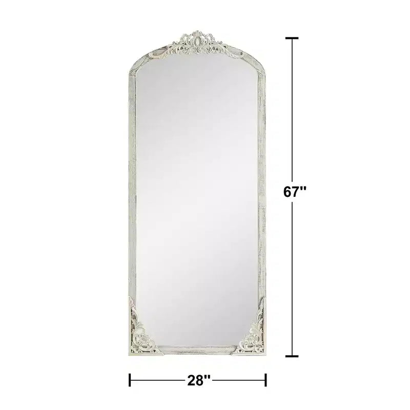 Specchio intero con cornice ad arco in legno massello, 28 in. L x 67 in. H, bianco anticato