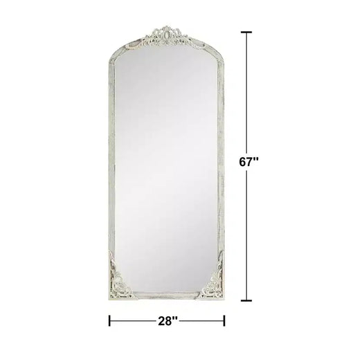 Specchio intero con cornice ad arco in legno massello, 28 in. L x 67 in. H, bianco anticato
