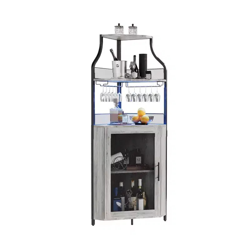 Mobile bar ad angolo con illuminazione a LED, portabottiglie, portabicchieri e anta a rete con serratura