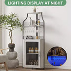 Mobile bar ad angolo con illuminazione a LED, portabottiglie, portabicchieri e anta a rete con serratura