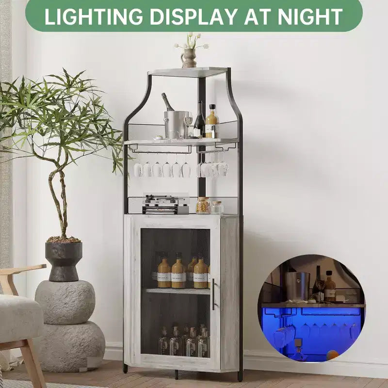 Mobile bar ad angolo con illuminazione a LED, portabottiglie, portabicchieri e anta a rete con serratura