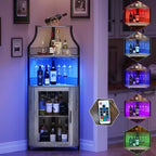 Mobile bar ad angolo con illuminazione a LED, portabottiglie, portabicchieri e anta a rete con serratura