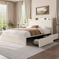 TROPOW Boucle Bed Frame with Storage Headboard - Charging Station, LED Lights, Upholstered Platform Bed Frame with 4 Storage Drawers