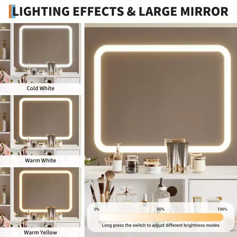 Toeletta con Specchio e Luci, 4 Cassetti, 2 Ripiani, Stazione di Ricarica Integrata, Tavolo da Trucco con Sgabello, 3 Modalità di Illuminazione