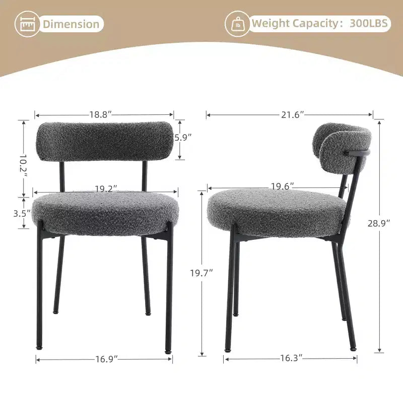 Sedie da pranzo in boucle di metà secolo, set da 2 – grigio chiaro con gambe in metallo nero