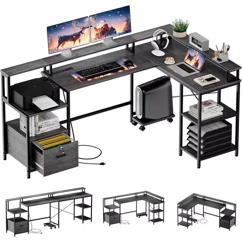 Scrivania ad angolo a forma di L da 76 pollici con cassettiera portadocumenti, prese di corrente, ripiano per monitor e vani portaoggetti – Grigia