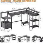 Scrivania ad angolo a forma di L da 76 pollici con cassettiera portadocumenti, prese di corrente, ripiano per monitor e vani portaoggetti – Grigia