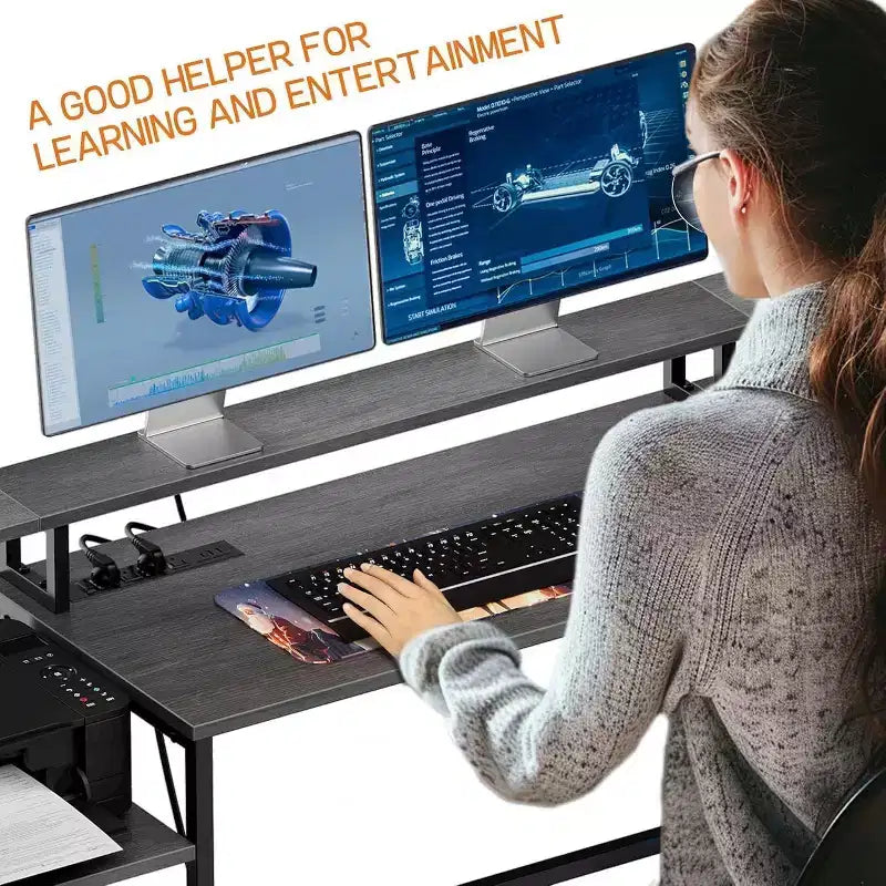 Scrivania ad angolo a forma di L da 76 pollici con cassettiera portadocumenti, prese di corrente, ripiano per monitor e vani portaoggetti – Grigia