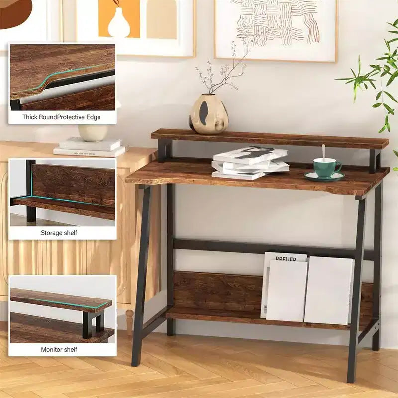 Scrivania per Computer da 31,5" con Cassetto, Supporto Monitor, Cassettiera, Ripiani e Ganci – Marrone