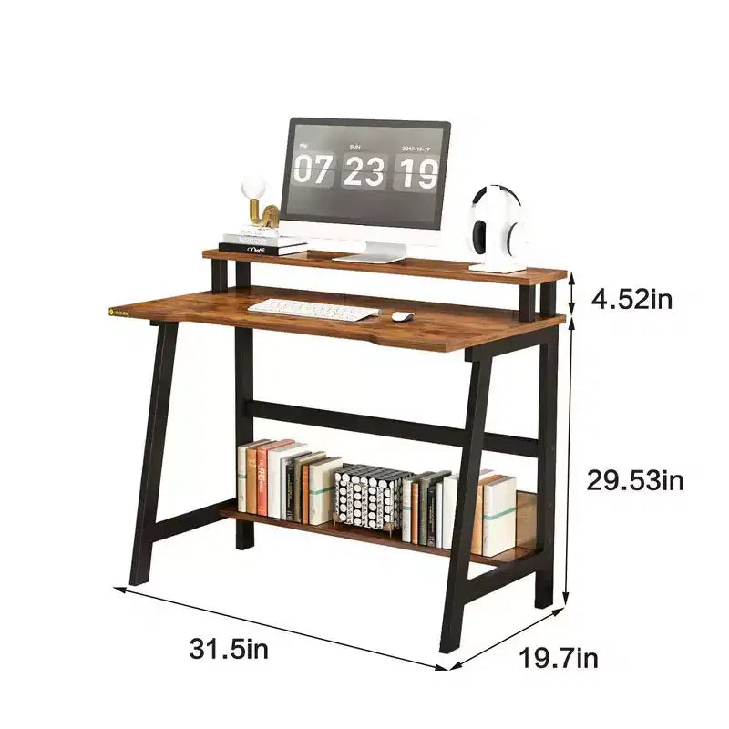 Scrivania per Computer da 31,5" con Cassetto, Supporto Monitor, Cassettiera, Ripiani e Ganci – Marrone
