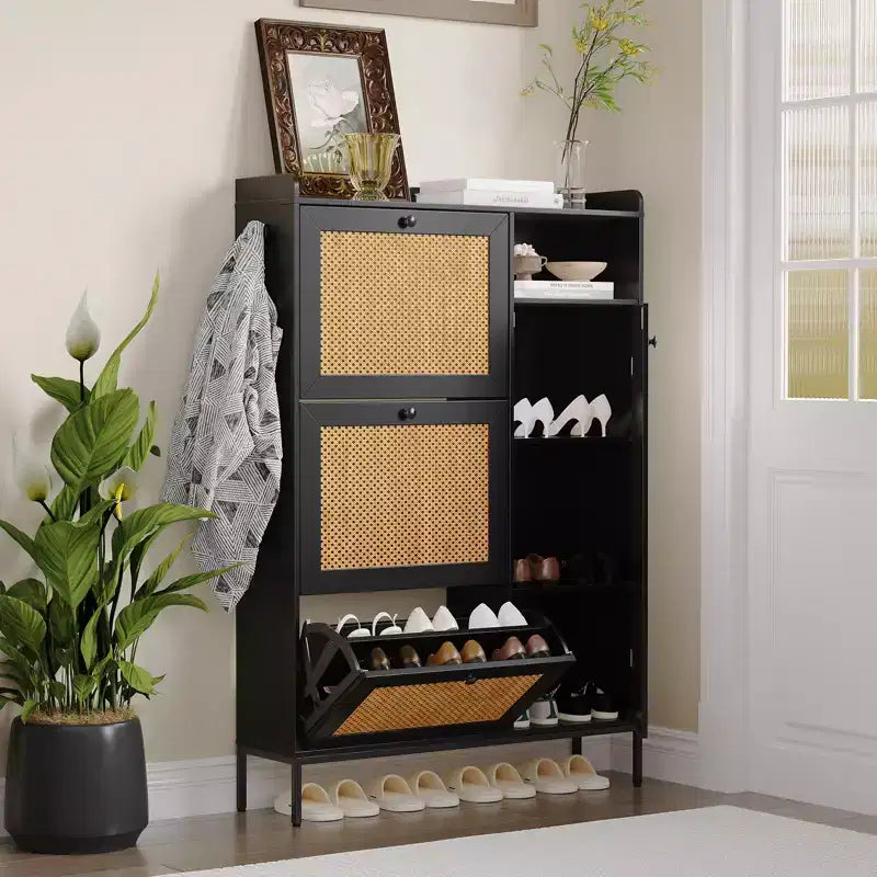 3-Tier Rattan Shoe Cabinet with Flip Drawers and Adjustable Shelves, Top Grate, Narrow Shoe Storage Organizer for Entryway, Hallway, or Bedroom