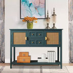 Console da Parete in Rattan con 2 Cassetti e Ante, Tavolino Stretto in Legno, Tavolo d'Ingresso a 2 Livelli per Soggiorno, Corridoio, Ingresso