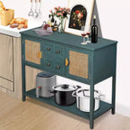 Console da Parete in Rattan con 2 Cassetti e Ante, Tavolino Stretto in Legno, Tavolo d'Ingresso a 2 Livelli per Soggiorno, Corridoio, Ingresso