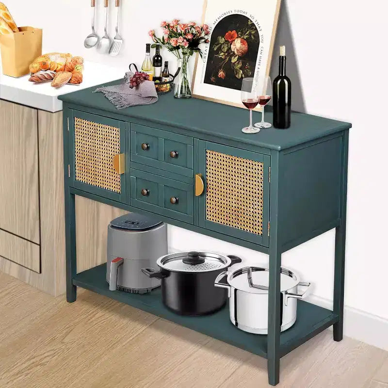 Console da Parete in Rattan con 2 Cassetti e Ante, Tavolino Stretto in Legno, Tavolo d'Ingresso a 2 Livelli per Soggiorno, Corridoio, Ingresso