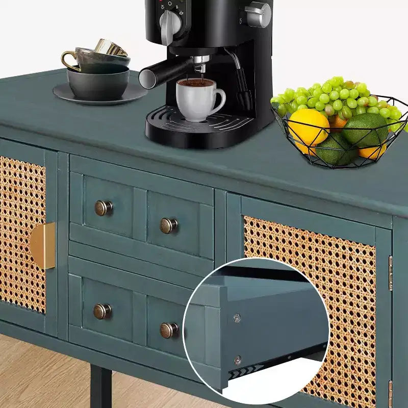 Console da Parete in Rattan con 2 Cassetti e Ante, Tavolino Stretto in Legno, Tavolo d'Ingresso a 2 Livelli per Soggiorno, Corridoio, Ingresso