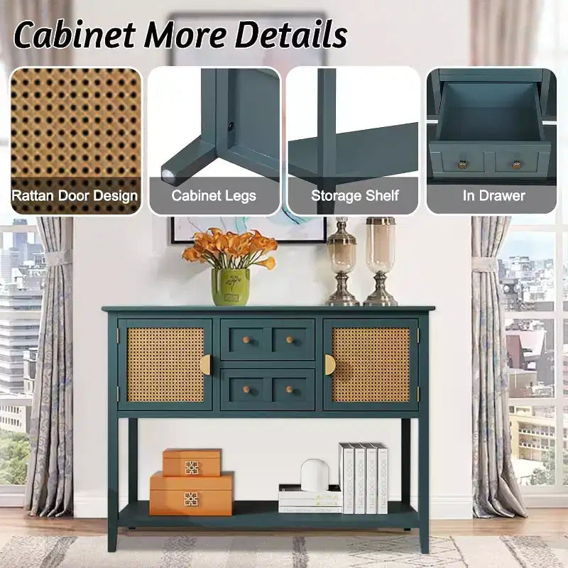 Console da Parete in Rattan con 2 Cassetti e Ante, Tavolino Stretto in Legno, Tavolo d'Ingresso a 2 Livelli per Soggiorno, Corridoio, Ingresso