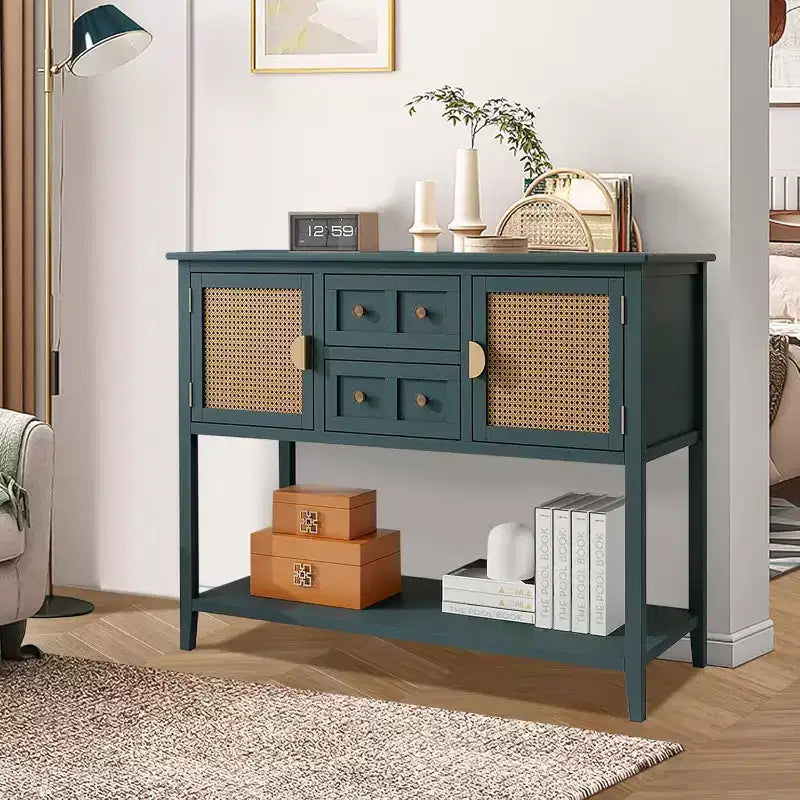 Console da Parete in Rattan con 2 Cassetti e Ante, Tavolino Stretto in Legno, Tavolo d'Ingresso a 2 Livelli per Soggiorno, Corridoio, Ingresso