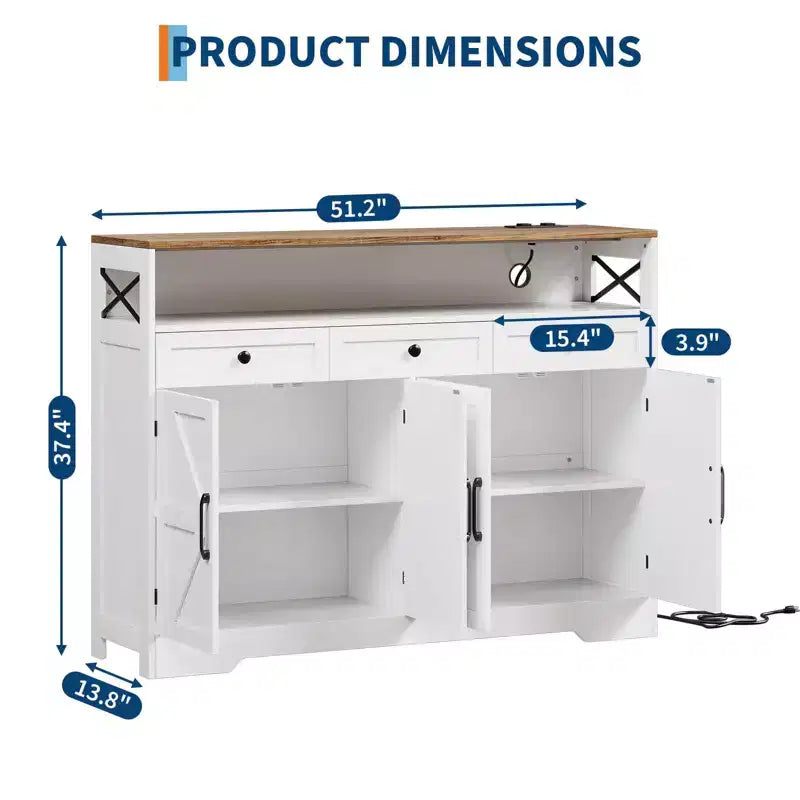 Mobile buffet credenza da 130 cm stile rustico con stazione di ricarica, 3 cassetti e 4 ante scorrevoli – Armadio dispensa da cucina per bar con ripiani in legno