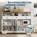 Mobile buffet credenza da 130 cm stile rustico con stazione di ricarica, 3 cassetti e 4 ante scorrevoli – Armadio dispensa da cucina per bar con ripiani in legno