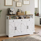 Mobile buffet credenza da 130 cm stile rustico con stazione di ricarica, 3 cassetti e 4 ante scorrevoli – Armadio dispensa da cucina per bar con ripiani in legno