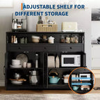 Mobile buffet credenza da 130 cm stile rustico con stazione di ricarica, 3 cassetti e 4 ante scorrevoli – Armadio dispensa da cucina per bar con ripiani in legno