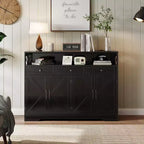 Mobile buffet credenza da 130 cm stile rustico con stazione di ricarica, 3 cassetti e 4 ante scorrevoli – Armadio dispensa da cucina per bar con ripiani in legno