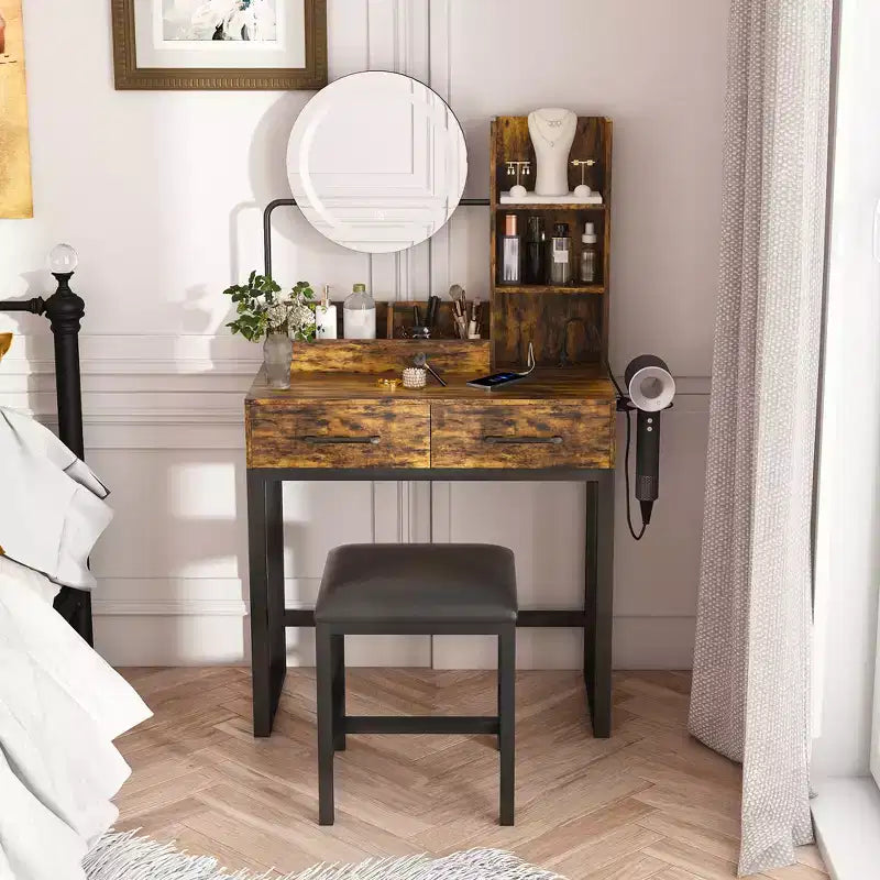 GDFStudio Thorn Rustic Mirror Vanity Set with Adjustable LED, Power Outlet, 2 Drawers and Open Shelves
