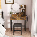 GDFStudio Thorn Rustic Mirror Vanity Set with Adjustable LED, Power Outlet, 2 Drawers and Open Shelves