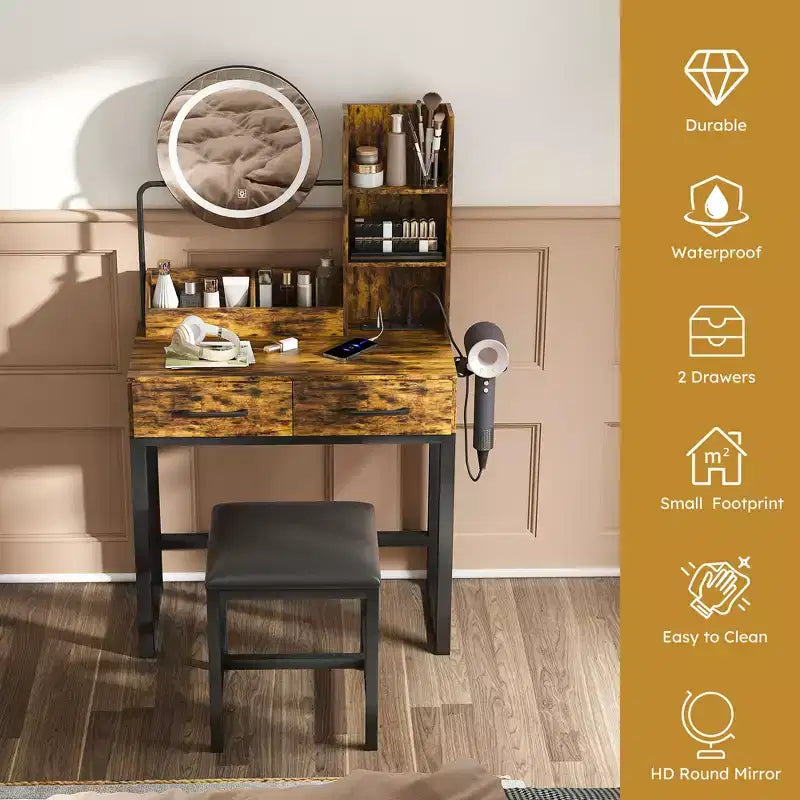Set Specchio per Trucco Rustico con Illuminazione a LED, Prese di Corrente, 2 Cassetti e Ripiani Aperti