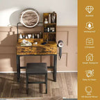 Set Specchio per Trucco Rustico con Illuminazione a LED, Prese di Corrente, 2 Cassetti e Ripiani Aperti