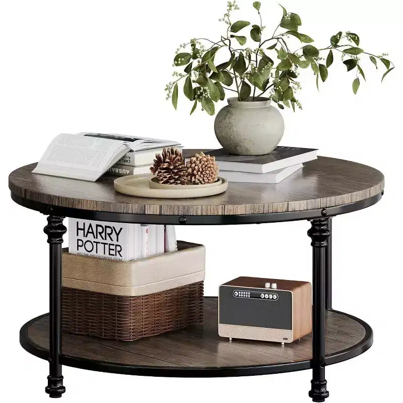 Tavolino da caffè rotondo a 2 ripiani con mensola portaoggetti, struttura in metallo