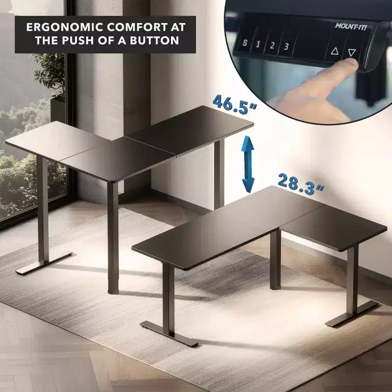 Scrivania ad angolo regolabile in altezza elettricamente XL – Telaio nero e piano nero