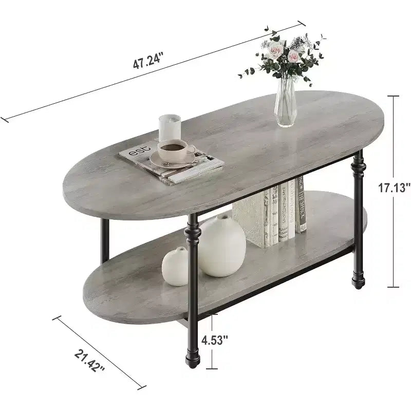 Tavolino da caffè ovale a 2 livelli con ripiano inferiore, piano da 120 cm, finitura venatura del legno grigia, gambe in metallo