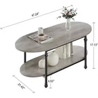 Tavolino da caffè ovale a 2 livelli con ripiano inferiore, piano da 120 cm, finitura venatura del legno grigia, gambe in metallo