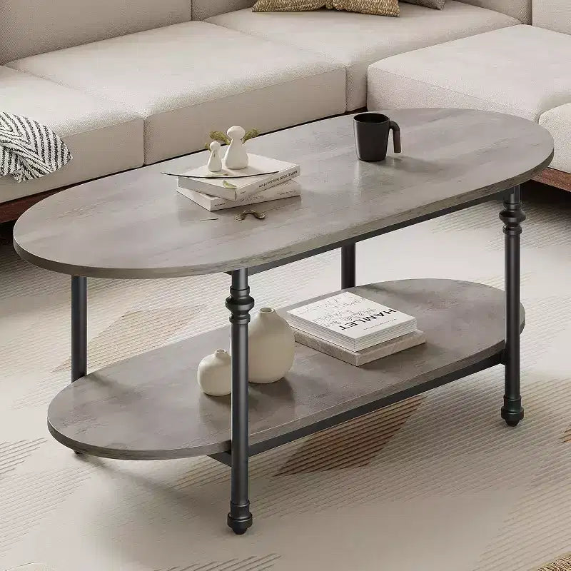 Tavolino da caffè ovale a 2 livelli con ripiano inferiore, piano da 120 cm, finitura venatura del legno grigia, gambe in metallo
