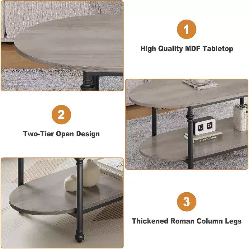 Tavolino da caffè ovale a 2 livelli con ripiano inferiore, piano da 120 cm, finitura venatura del legno grigia, gambe in metallo