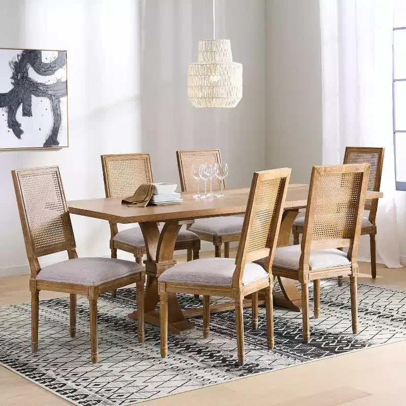 Set da pranzo allungabile in stile country francese da 7 pezzi con sedie con schienale in vimini