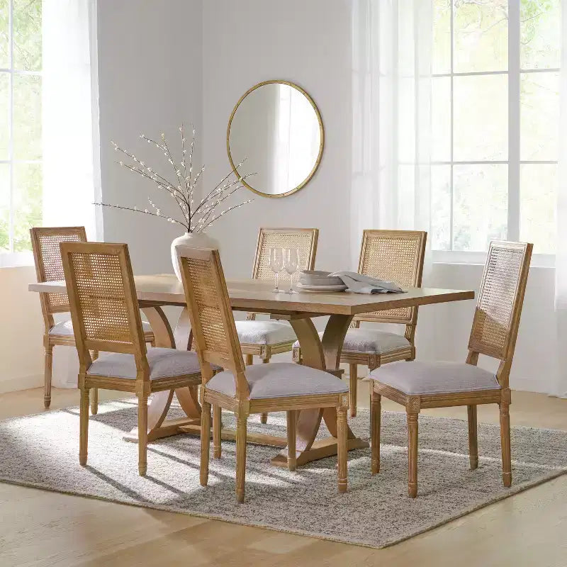 Set da pranzo allungabile in stile country francese da 7 pezzi con sedie con schienale in vimini