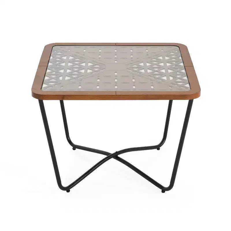 Tavolino da Caffè Quadrato in Vetro con Top Geometrico Intagliato e Struttura in Metallo