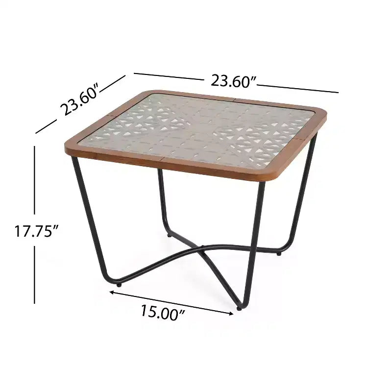 Tavolino da Caffè Quadrato in Vetro con Top Geometrico Intagliato e Struttura in Metallo